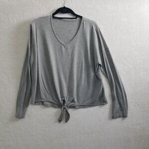 Pink Gray stripped Rayon Blend Luxury‎ V-Neck Knit Jumper Women L front knot
